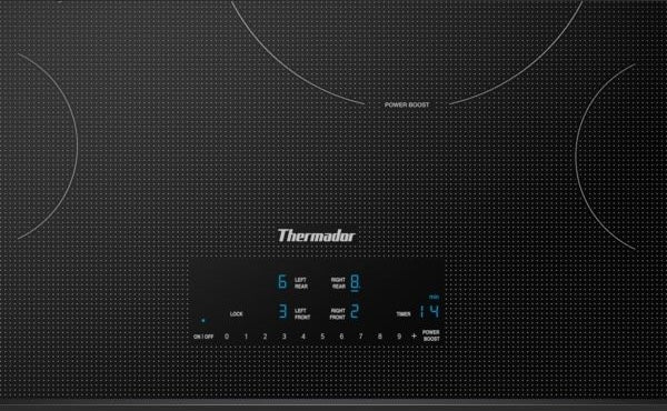 Thermador silver mirror induction cooktop with four cooking zones and illuminated touch controls from Hartville Hardware