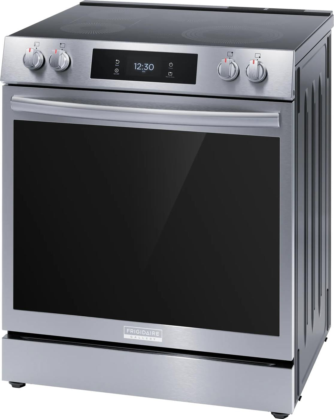 Stainless steel electric range with front control knobs, digital display, and smooth glass cooktop in kitchen appliances collection