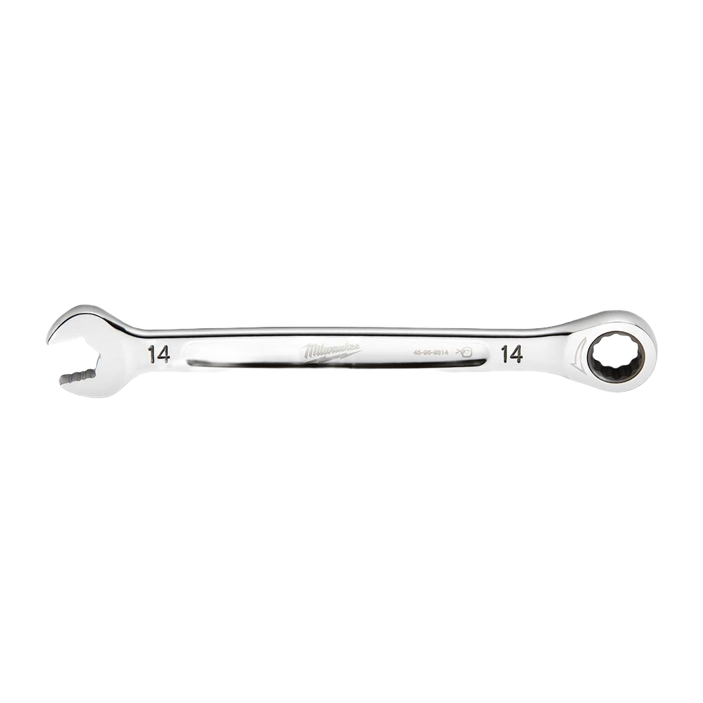 Milwaukee 14-mm ratcheting combination wrench with polished finish for tools and home improvement tasks