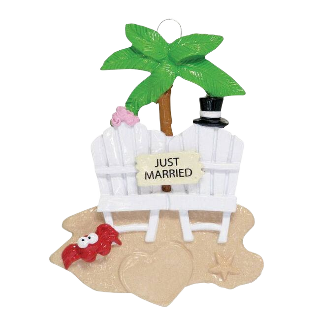 Personalized beach ornament with two white chairs, palm tree, crab, and "Just Married" sign for Christmas tree decor under $50