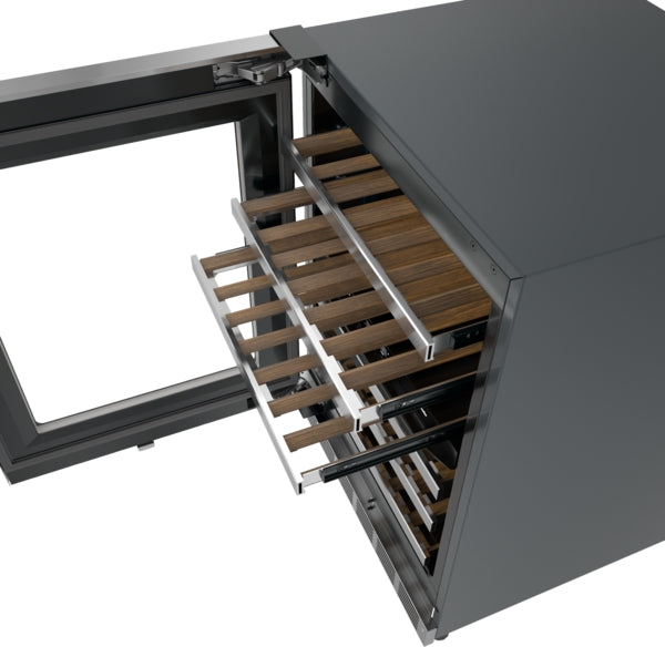 Under counter wine cooler with glass door, stainless steel exterior, wooden shelving, and pull-out racks from Thermador Appliances collection