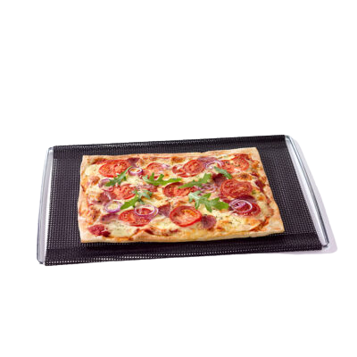 Rectangular black mesh crisper mat with white handles holding cooked rectangular pizza in kitchenware collections