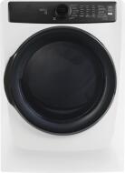 Matte white front load gas dryer with black tinted door and digital control panel from Dryers collection