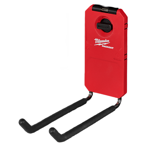 Red Milwaukee PACKOUT™ accessory with dual straight hooks for organized tool storage and transport in home improvement projects