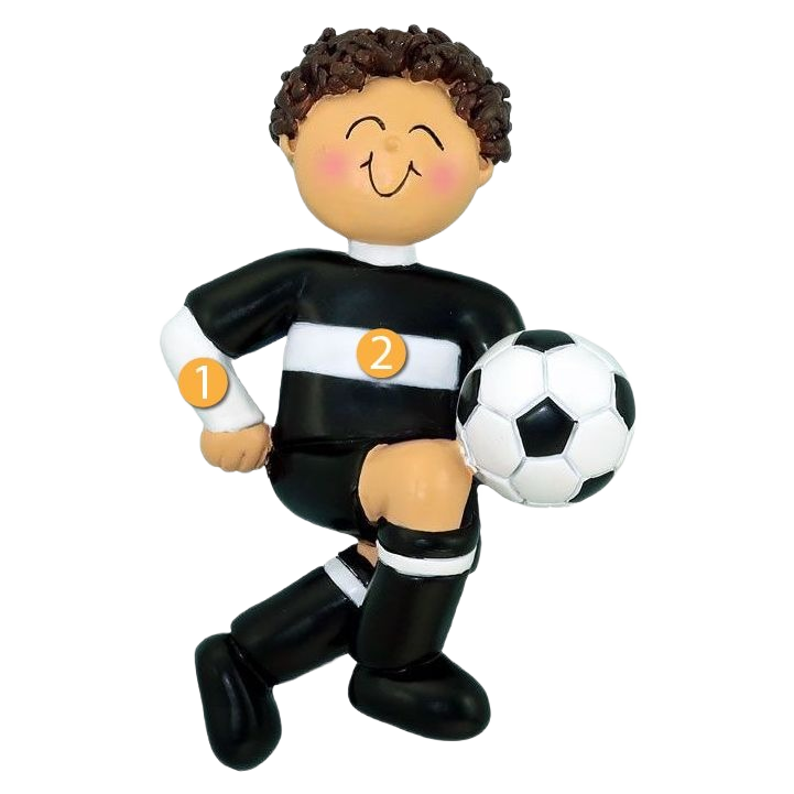 Brunette male soccer player ornament in black and white uniform holding a soccer ball for Christmas decorations under $50 collection