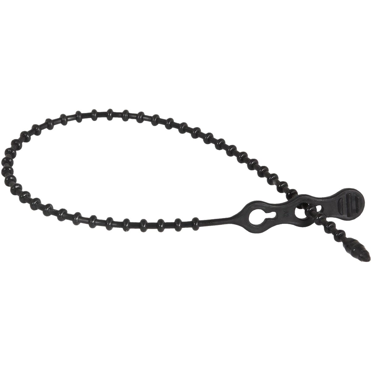 Black Beadle cable tie with locking mechanism and ridged design for secure fastening in home improvement tasks