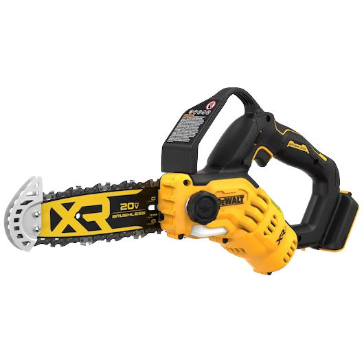 Compact yellow and black cordless pruning chainsaw with brushless motor for tools and home improvement tasks