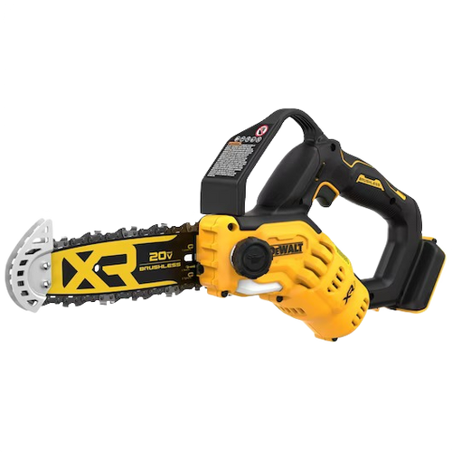 Compact yellow and black cordless pruning chainsaw with brushless motor for tools and home improvement tasks