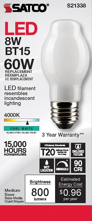 Energy-saving 8 watt LED bulb with medium base, cool white 4000K light, 800 lumens, and dimmable feature for home lighting.