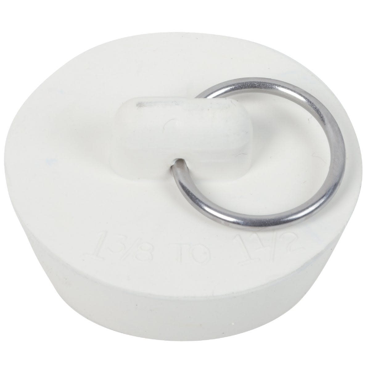 White rubber stopper with attached metal ring for household plumbing and home improvement use