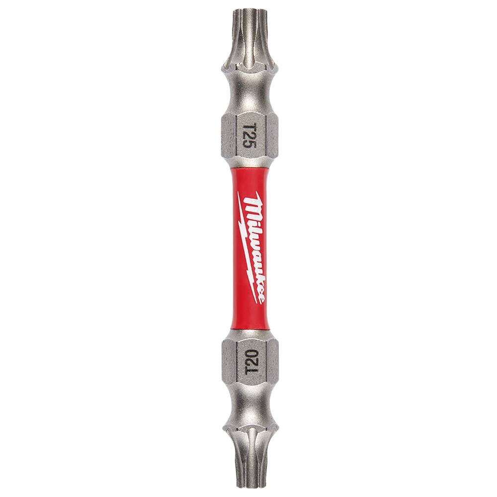 Double-ended impact bit with T20 and T25 sizes, crafted from custom alloy steel for durability in power tool accessories.