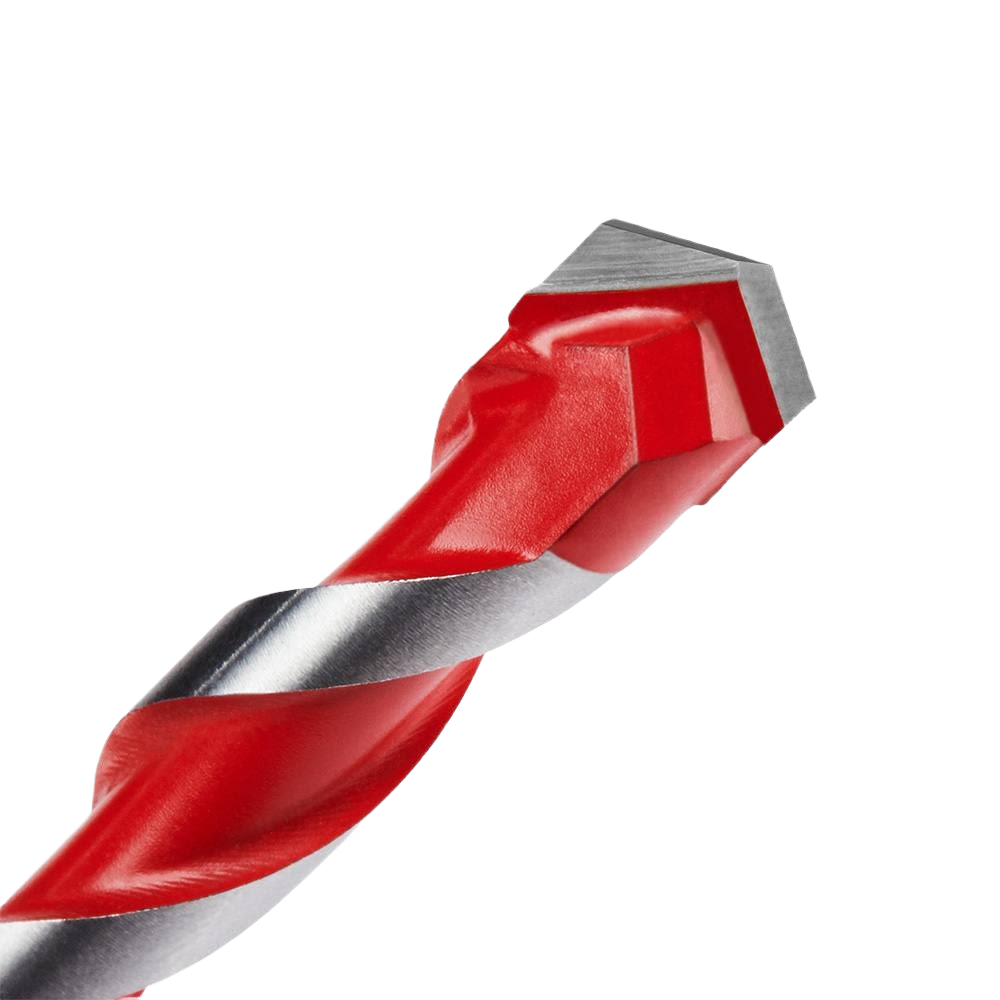 Close-up of red and silver carbide-tipped drill bit designed for concrete and masonry in tool accessories collection