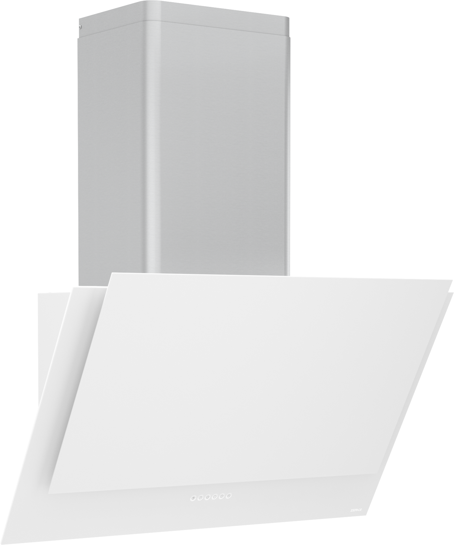 White angled wall hood with capacitive touch controls and stainless steel chimney for kitchen range hoods collection