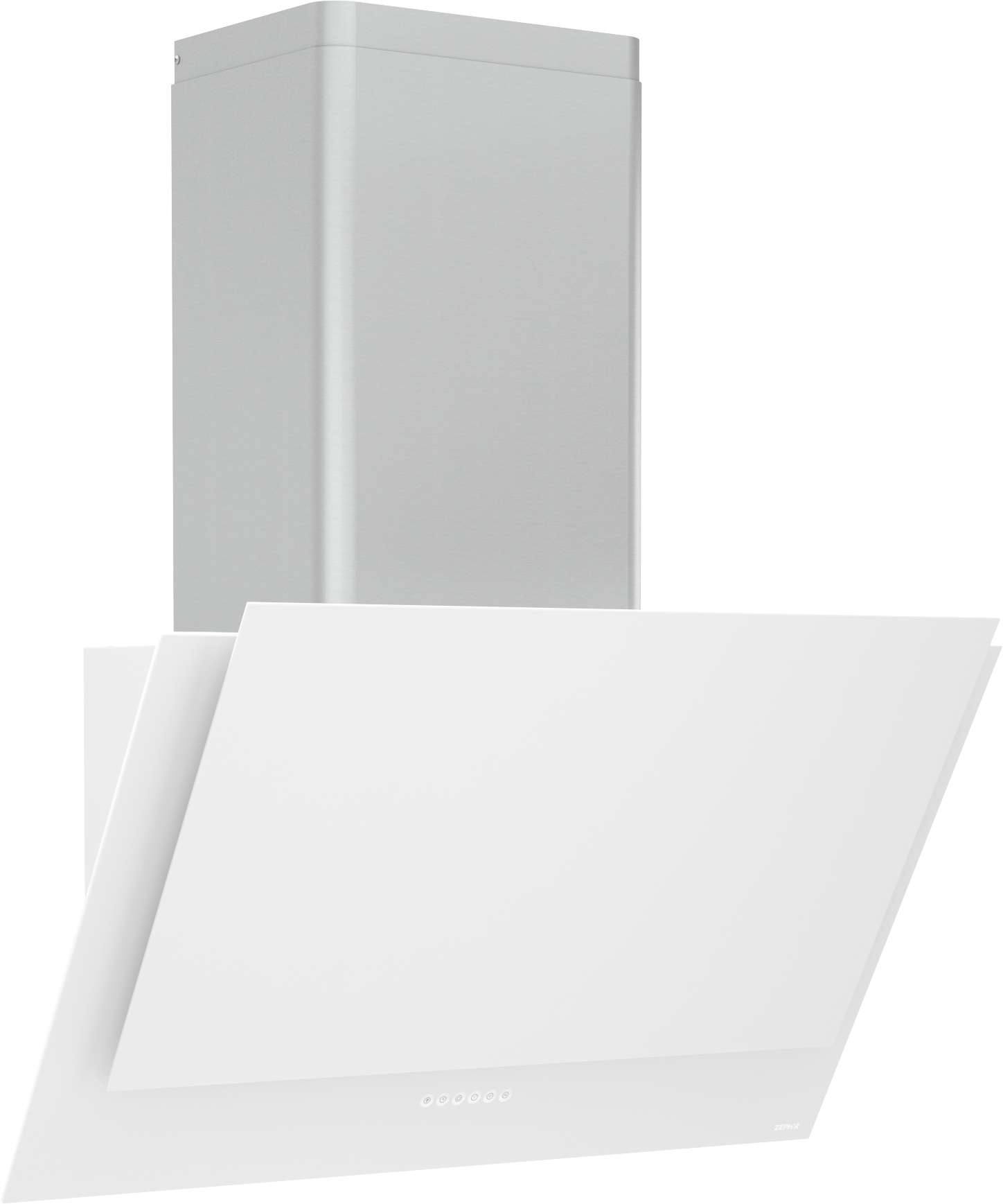 White angled wall hood with capacitive touch controls and stainless steel chimney for kitchen range hoods collection