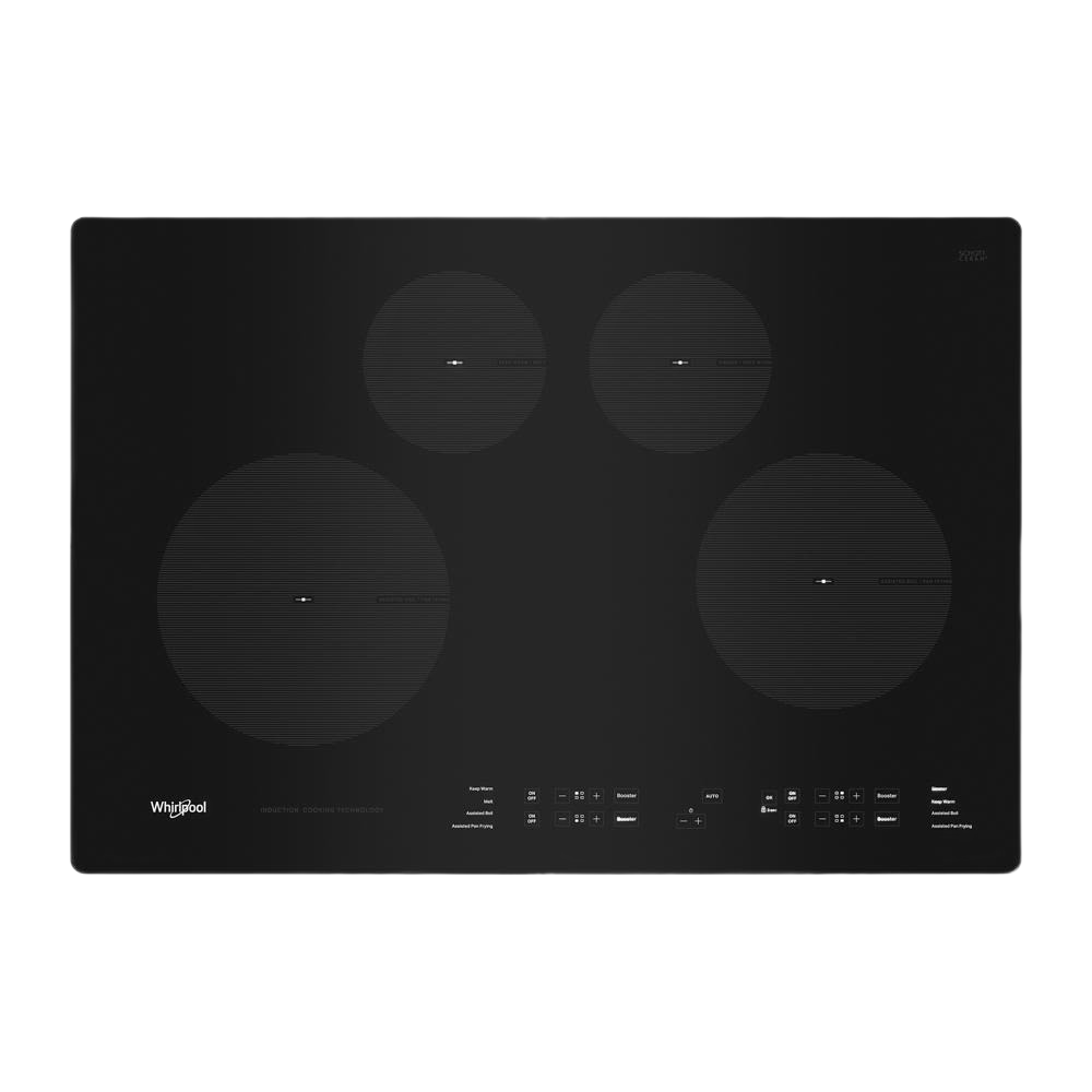 Whirlpool black induction cooktop with four burners and digital touch controls from Cooktops and Appliances collections