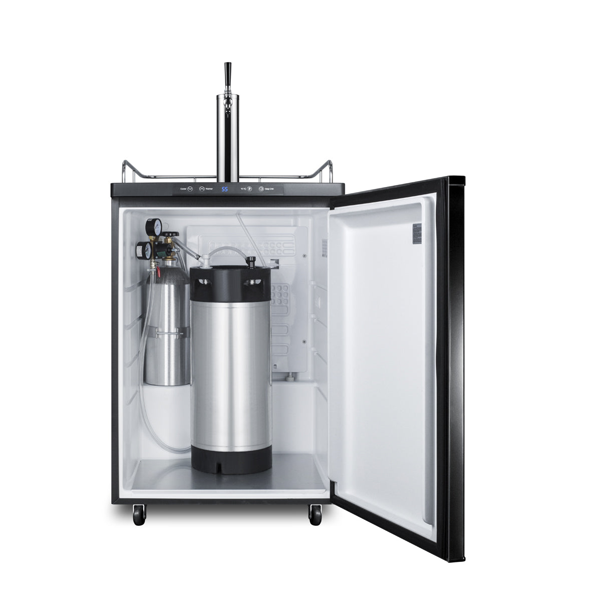 Black kegerator with stainless steel beer dispensing tap kit inside for kitchenware and appliance use