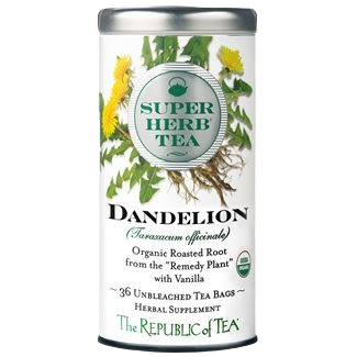 Tall metal tin with organic dandelion herbal tea bags featuring vanilla and roasted root blend