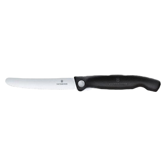 Compact black foldable paring knife with serrated blade for versatile use in kitchen utensils and cooking tools under $50
