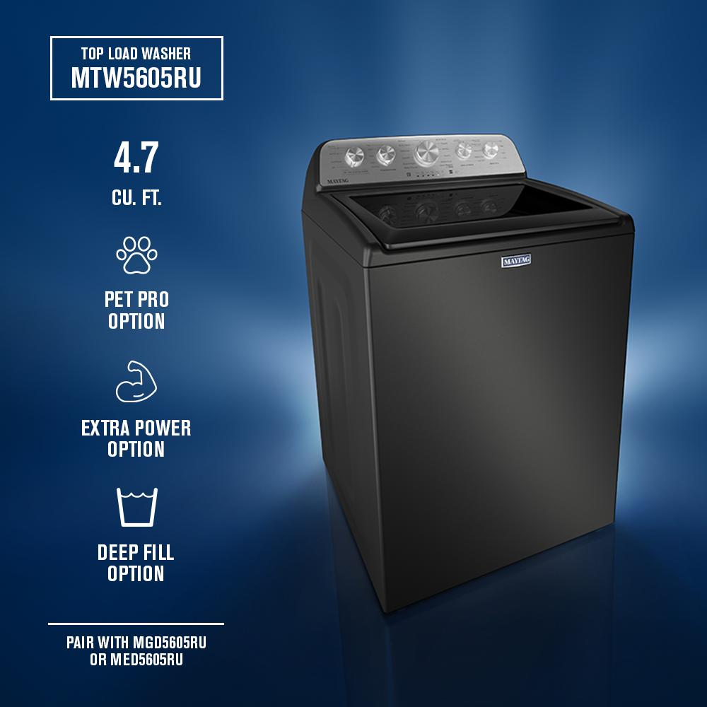 Matte black top load washer with silver control panel highlighting 4.7 cu ft capacity and specialized cleaning options