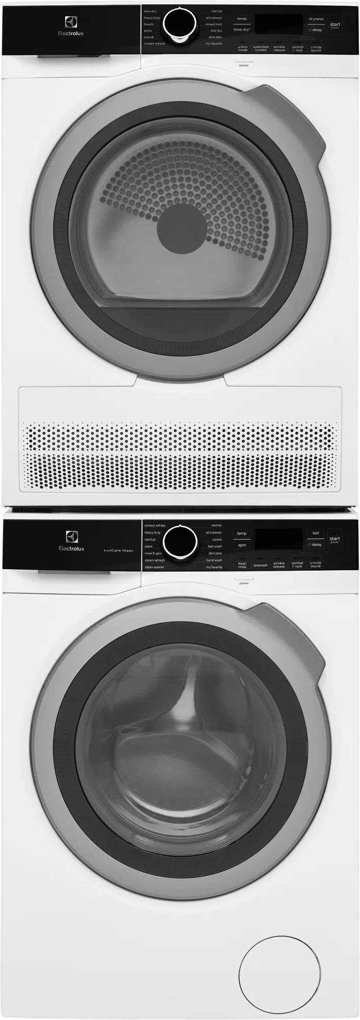 Stacked white front load washer and ventless dryer with large round doors and digital control panels from dryers collection