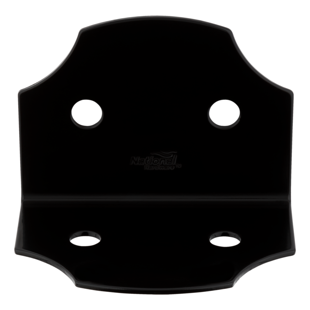 Black powder-coated decorative heavy angle bracket with pre-drilled holes for building hardware and home improvement projects