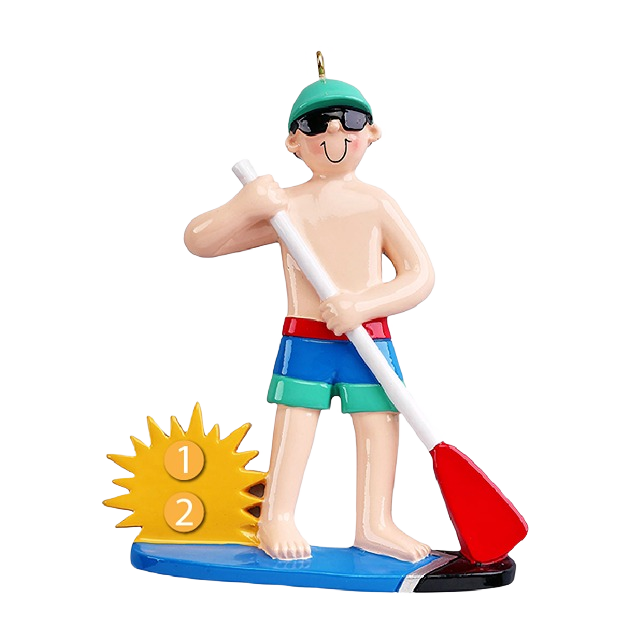Boy figurine on colorful paddleboard holding paddle with sun behind for Christmas Ornaments & Tree Decorations collection