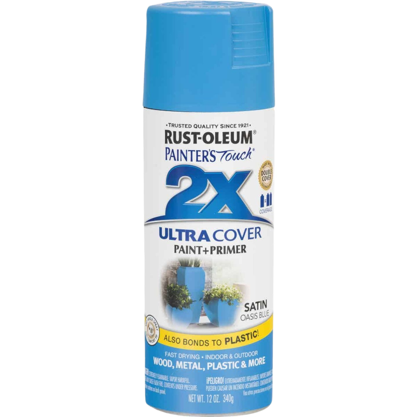 Blue satin spray paint and primer can suitable for wood, metal, plastic, and indoor or outdoor home improvement projects