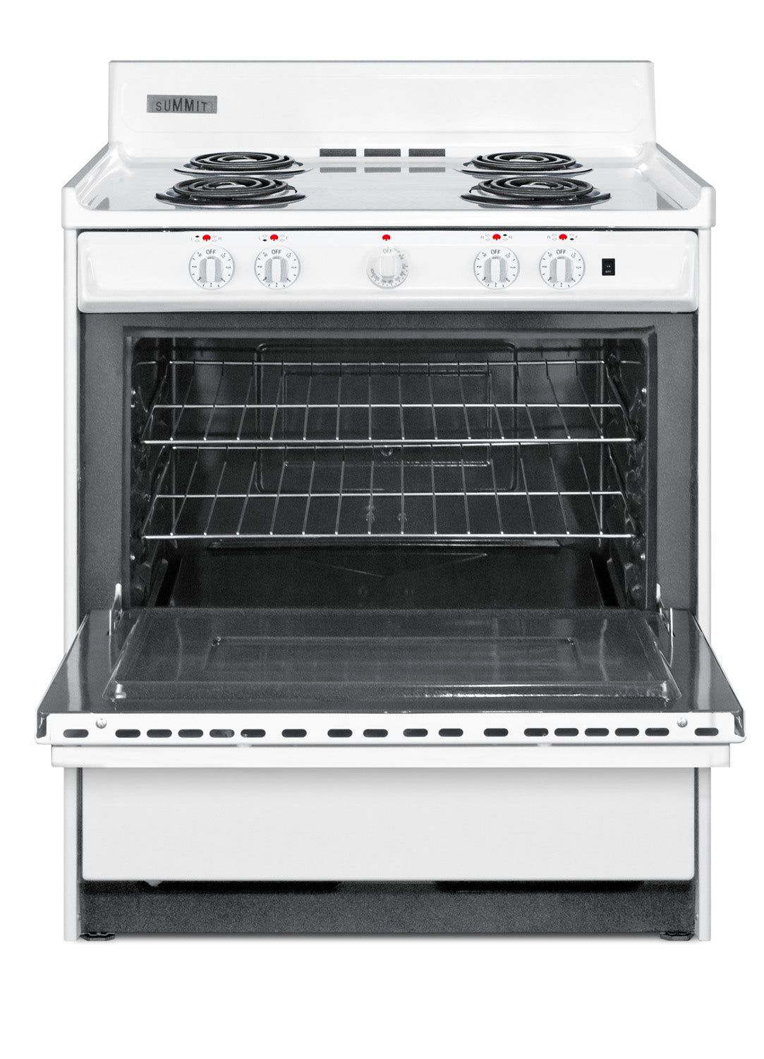 White electric coil cooktop range with open oven door and wire racks for kitchen appliances collection