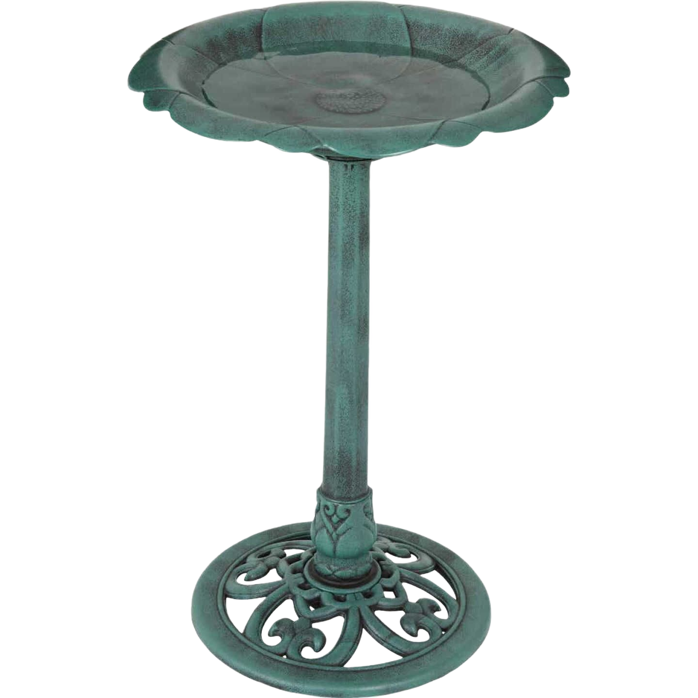 Antique verdigris green flower-shaped pedestal bird bath for garden decor and outdoor home improvement use