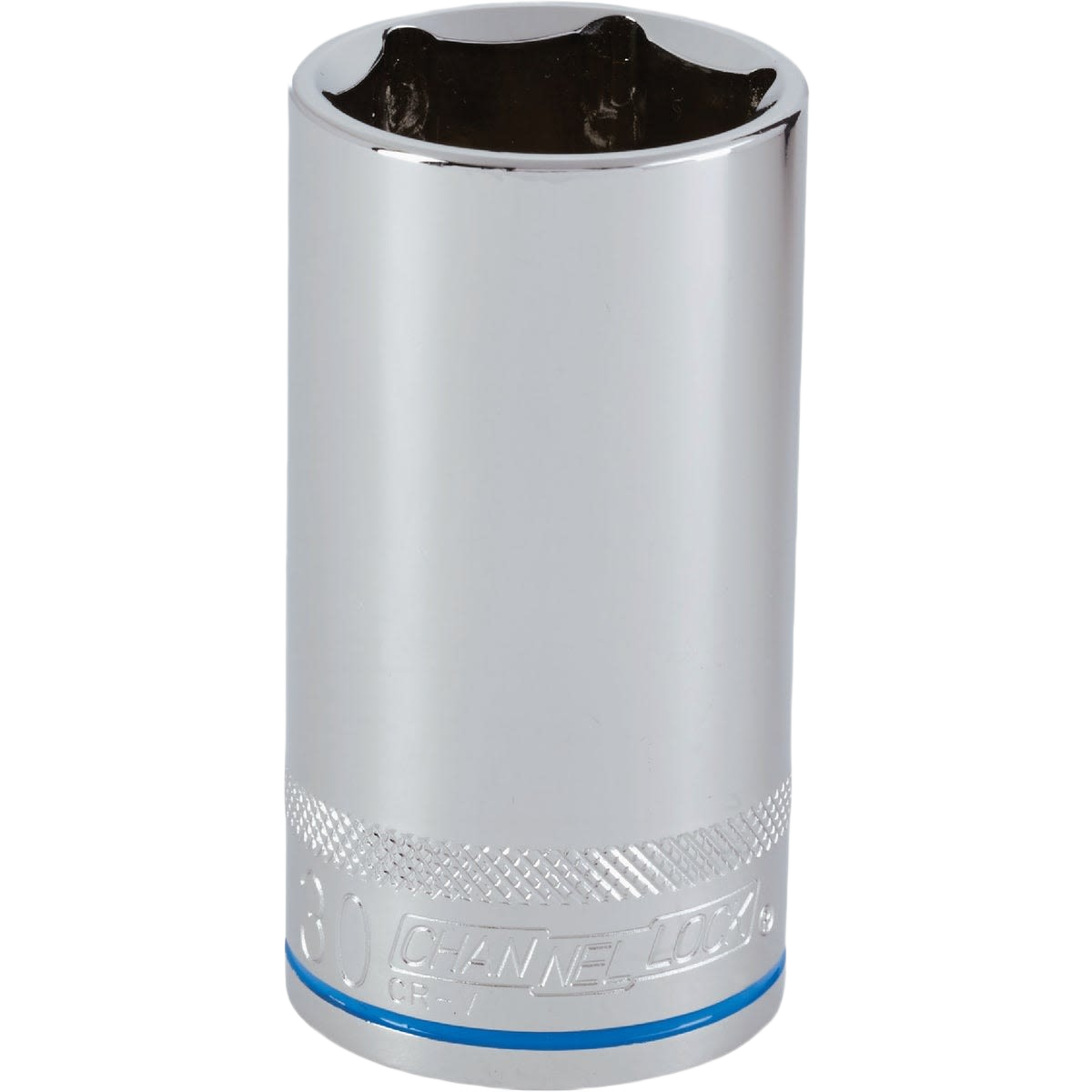 Chrome-plated 30mm 6-point deep metric socket with textured grip band for hand tools and home improvement use