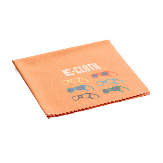 Orange cleaning cloth with colorful eyeglasses illustrations for streak-free lens cleaning in cleaning tools collection