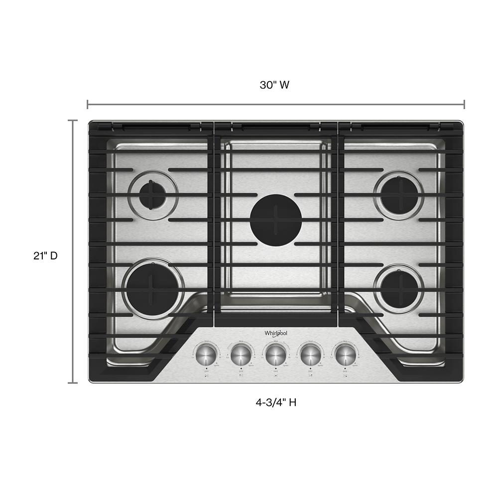Top view of stainless steel 30-inch gas cooktop with five burners and hinged cast-iron grates for kitchen appliances