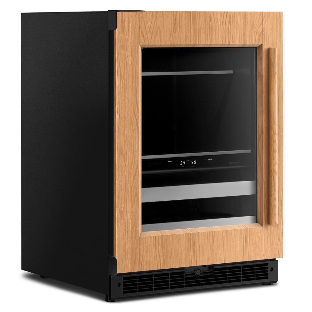 24-inch undercounter beverage center with wooden front, glass door, metal racks, and dual temperature zones in KitchenAid collection