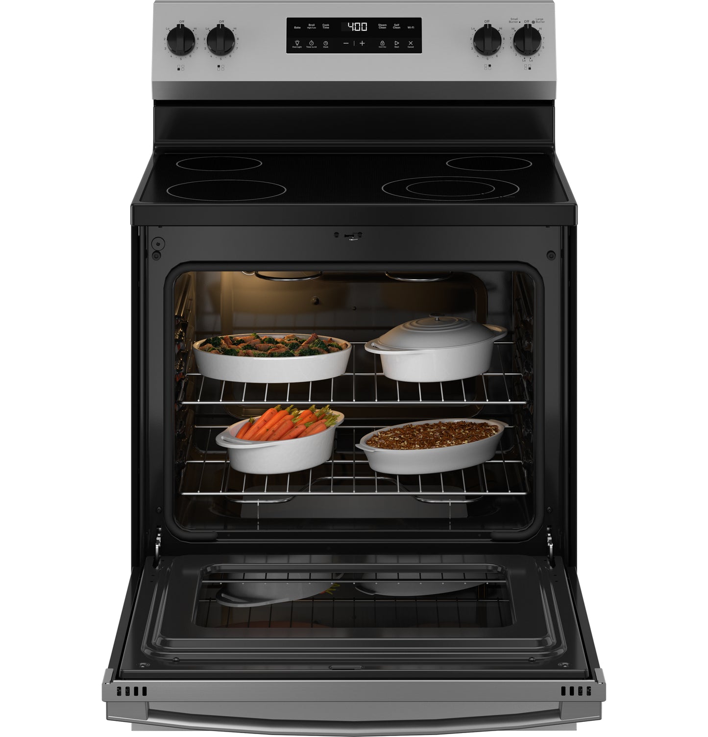 Stainless steel electric range with open oven door showing dishes inside, part of kitchen appliances and ranges collection