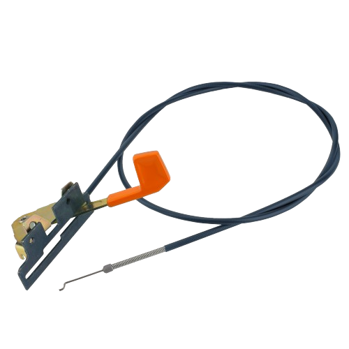 Black throttle cable with metal fittings and an orange plastic handle for John Deere parts and home improvement collections