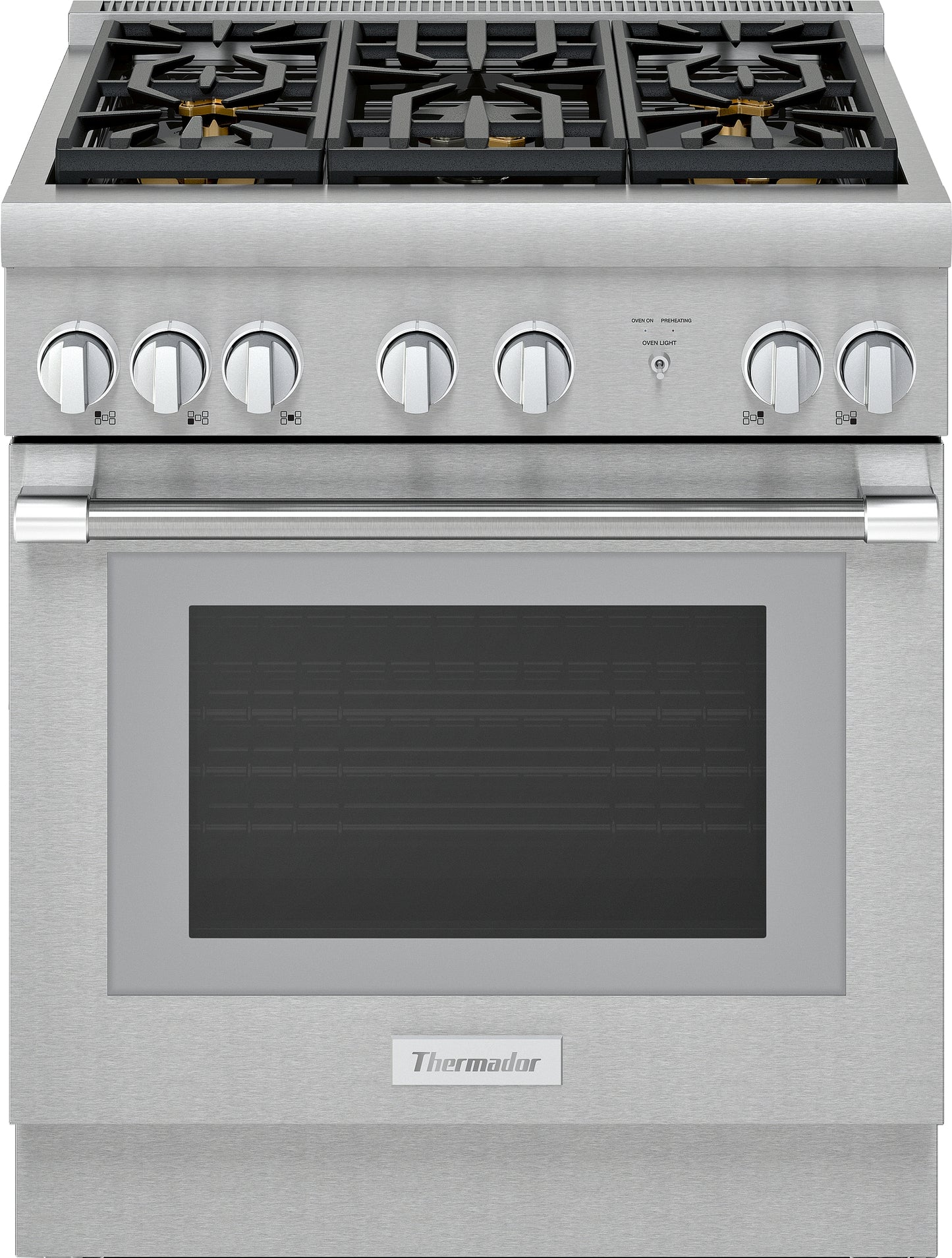 Stainless steel gas range with six control knobs and six burners in Thermador gas ranges and kitchen appliances collection