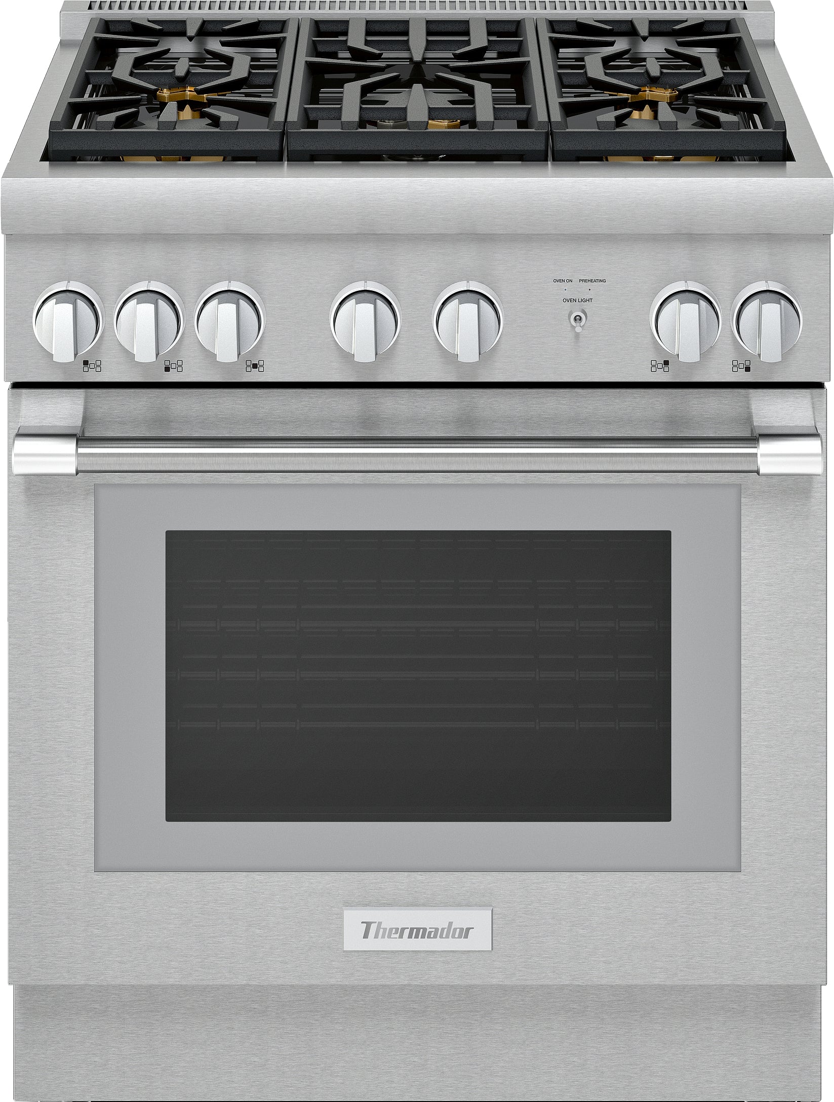 Stainless steel gas range with six control knobs and six burners in Thermador gas ranges and kitchen appliances collection