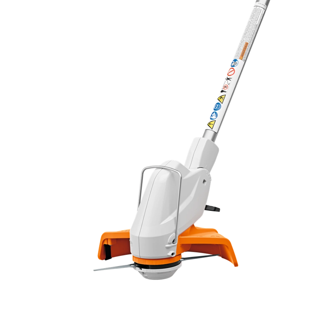 Compact white and orange battery-operated garden trimmer head with safety guard for home improvement tools