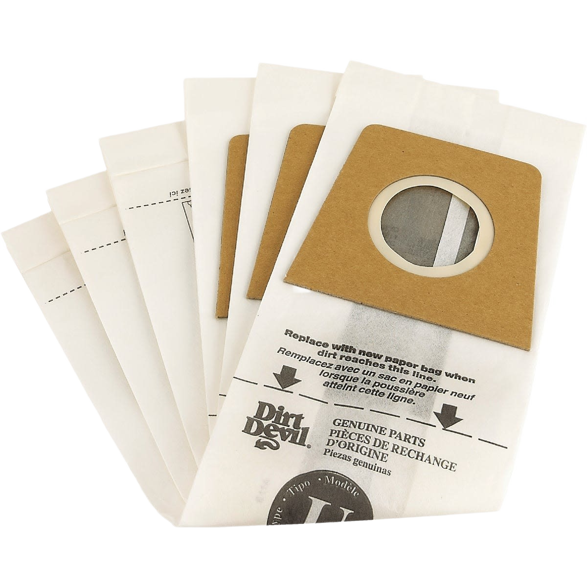White vacuum bags with cardboard collar and printed Dirt Devil brand text for home cleaning tools and replacement use