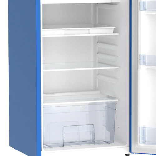 Blue retro-style compact refrigerator with open door showing adjustable shelves and clear vegetable drawer in appliances collection