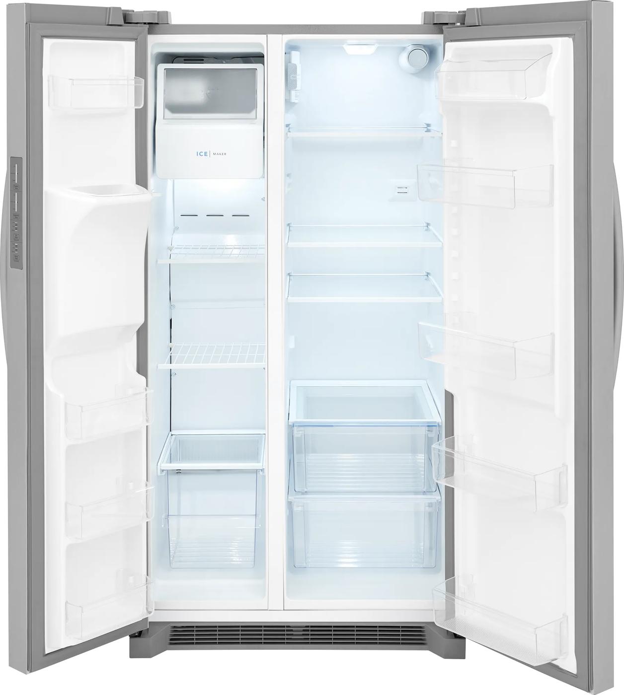 Open standard depth side-by-side refrigerator with adjustable shelves and clear storage bins in appliances collection