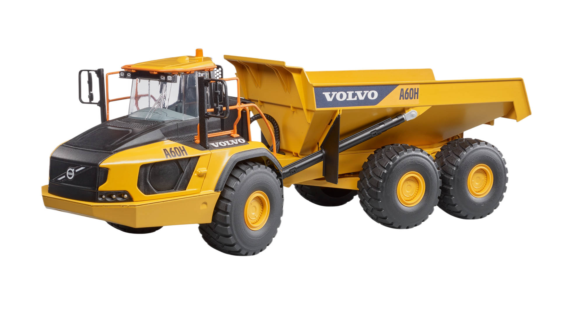 Yellow and black Bruder Volvo A60H articulated hauler model with six rugged tires for realistic construction play and display