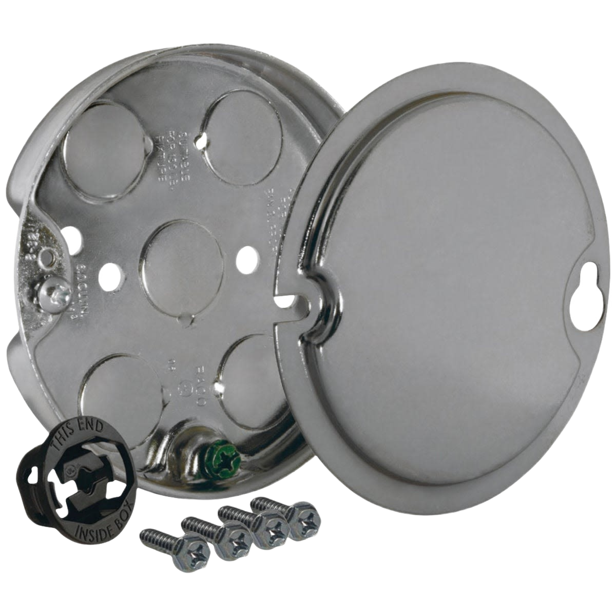 Round metal ceiling fan electrical box with removable cover, screws, and mounting bracket for home improvement tasks