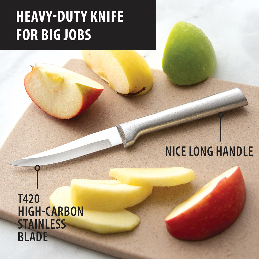 Sharp paring knife with long metal handle and high-carbon stainless steel blade next to peeled apple slices in kitchenware collections