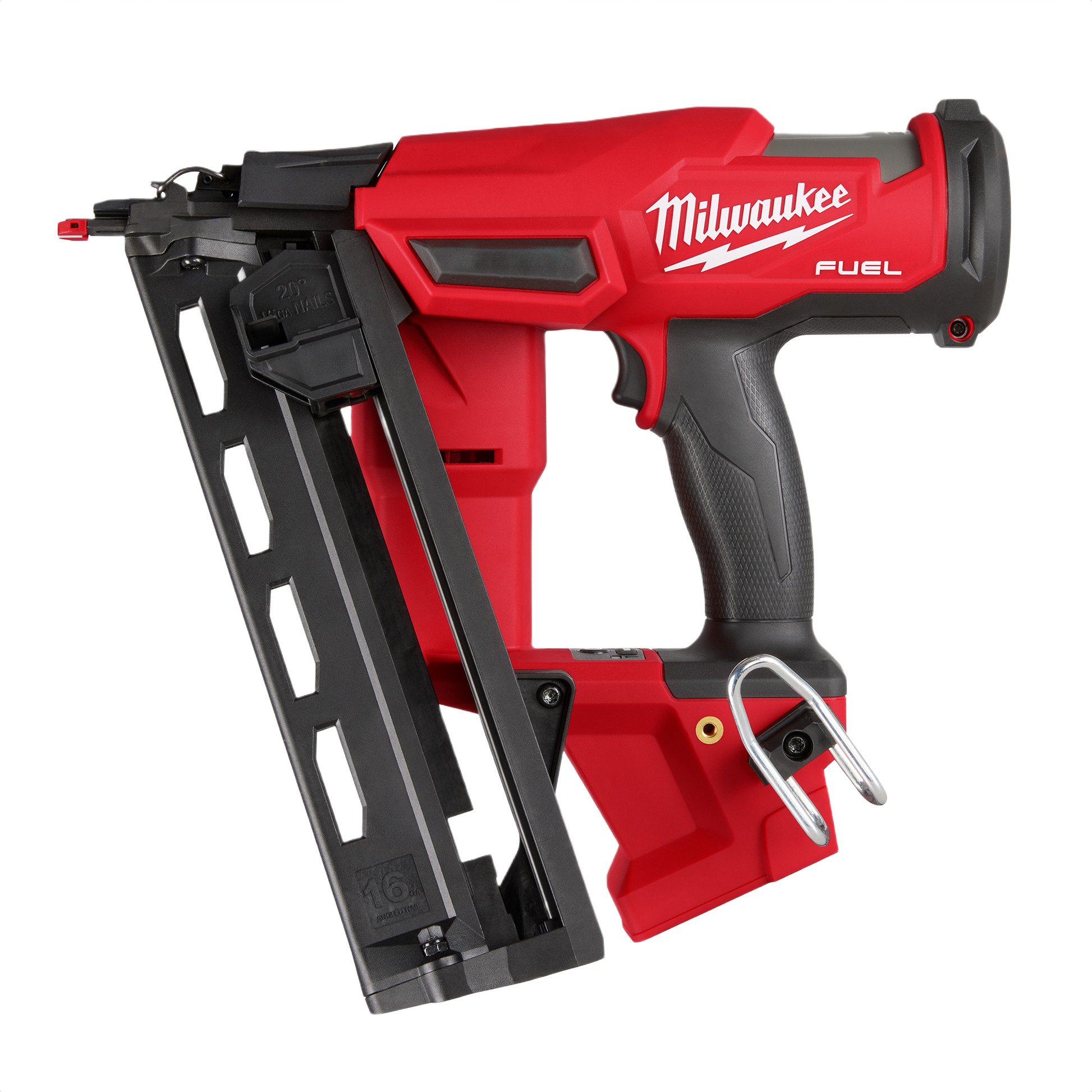 Cordless angled finish nailer with red and black design for precision woodworking and home improvement tasks