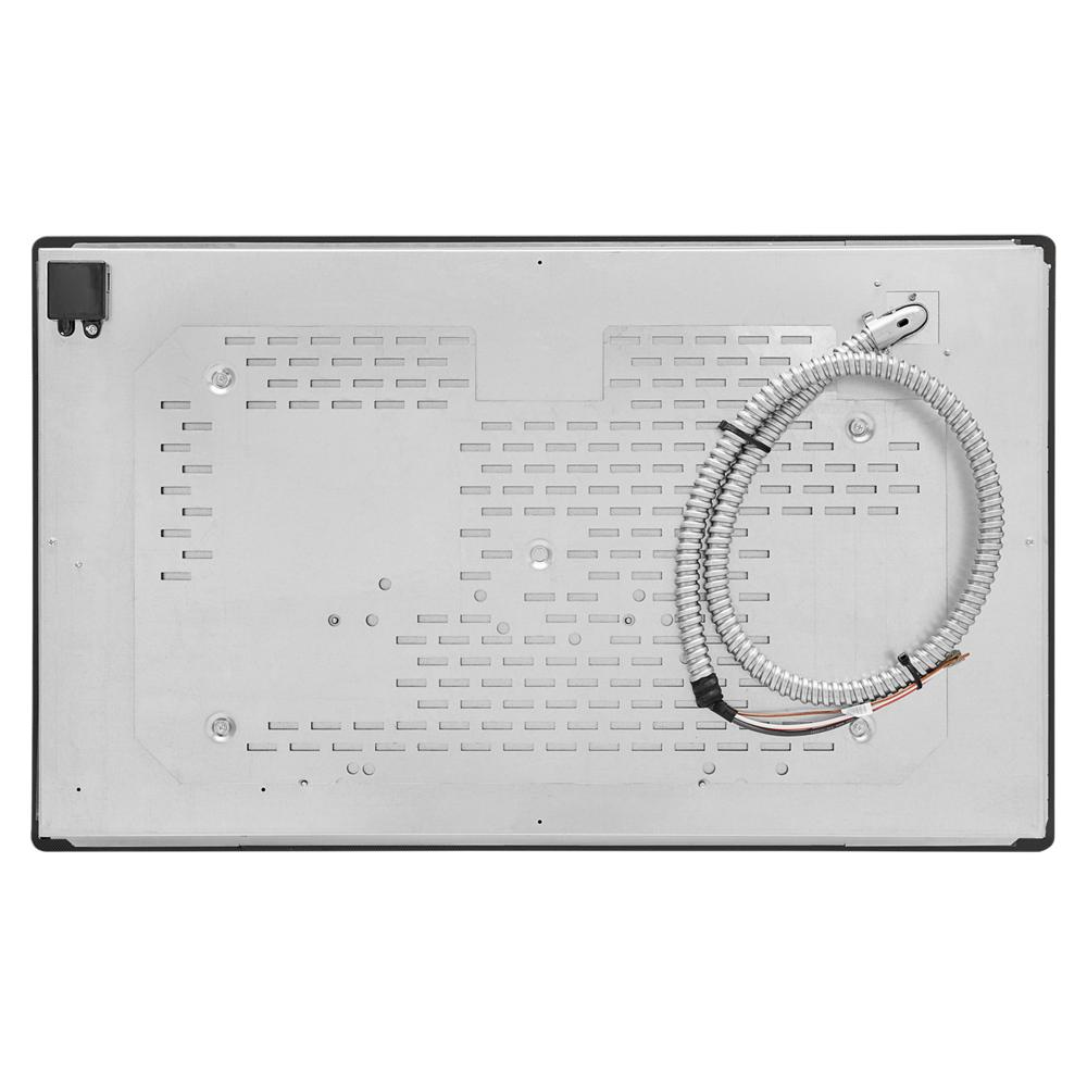 Underside view of a 36-inch electric cooktop with mounting holes and attached coiled power cable in appliances collection