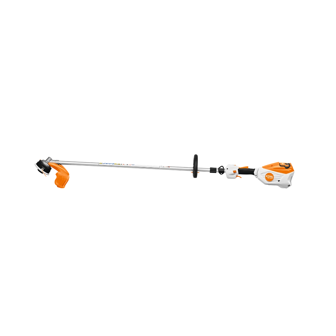 White and orange cordless battery trimmer with adjustable handle for outdoor lawn maintenance tasks and home improvement tools