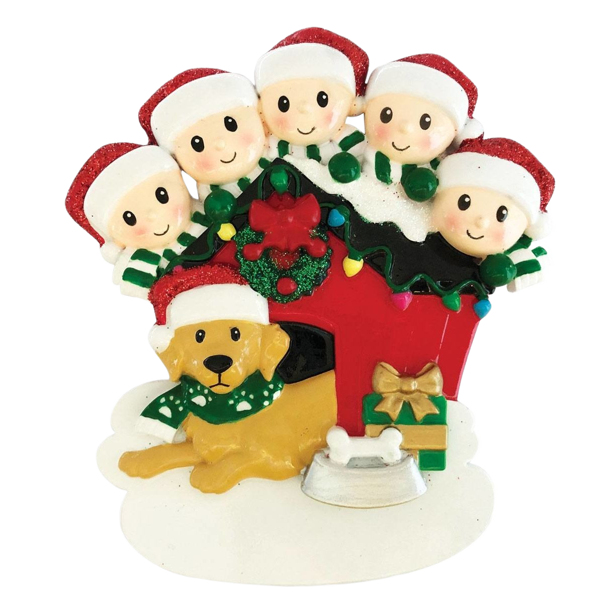 Festive family ornament with five figures and dog in Santa hats beside decorated doghouse from Christmas collection