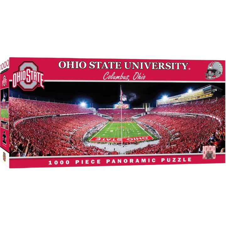 Panoramic 1000-piece puzzle featuring a packed Ohio State University stadium during a night game scene