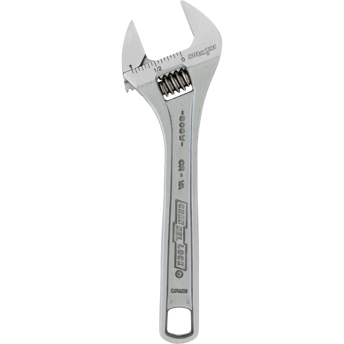 Silver adjustable wrench with engraved measurement scale and ergonomic handle for tools and home improvement use